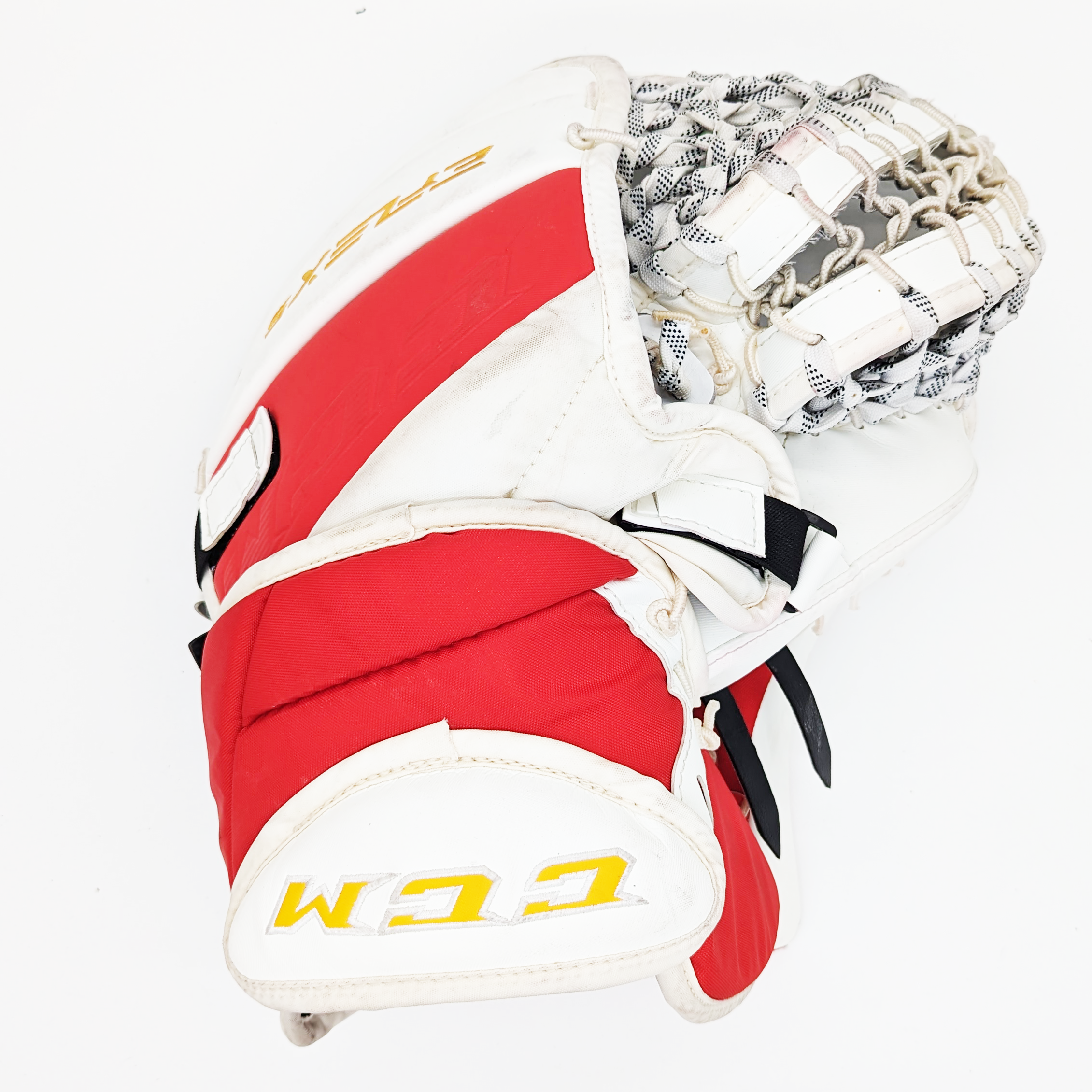 CCM Extreme Flex 5 - Gant de gardien de but Pro Stock d'occasion (blanc/jaune/rouge)